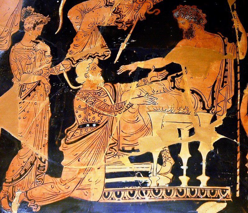 Chryses attempting to ransom his daughter Chryseis and Agamemnon depicted on an Apulian red-figure volute-crater ca 360 BC–350 BCE by Painter of Athens pdwc 2185px
